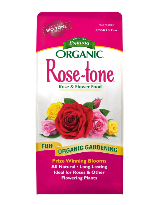 Espoma Organic Rose-tone Rose & Flower Food packaging with roses on a white background