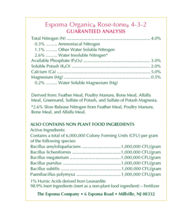Espoma Organic Rose-tone fertilizer label with guaranteed analysis and ingredient list.