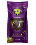 Purple package of Sentinel Senior SR horse feed with a horse image on a white background