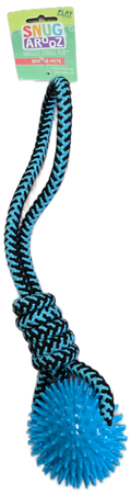Dog toy with blue ball and black rope, on a white background