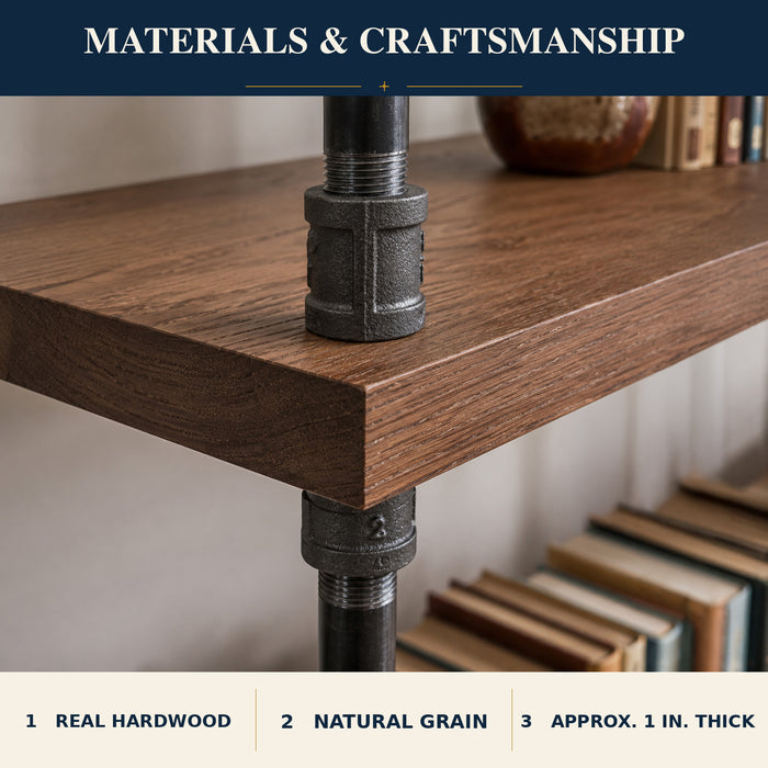 Solid oak bookcase materials and craftsmanship showing real oak shelves and galvanized metal pipe supports