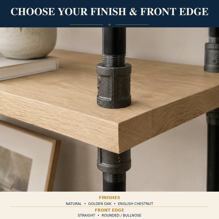 Solid oak bookcase finish and front edge options including Natural, Golden Oak, English Chestnut, straight and rounded edges