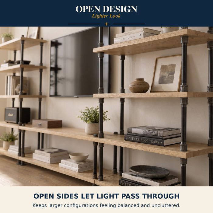 Open solid oak bookcase design with metal pipe frame creating an airy freestanding shelving look