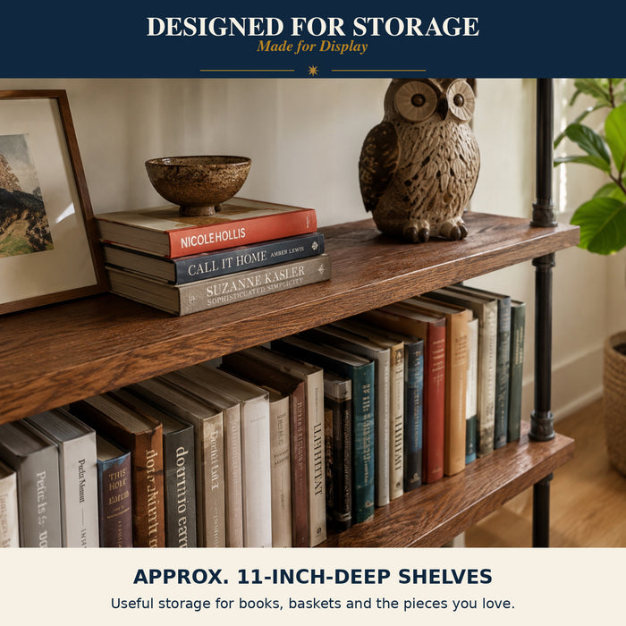 Solid oak bookcase designed for storage with deep shelves for books, baskets, plants and home decor