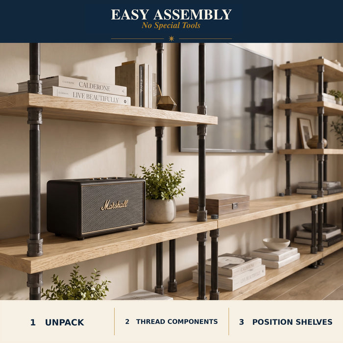 Solid oak bookcase easy assembly with oak shelves and galvanized pipe frame components