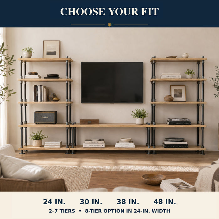 Solid oak bookcase size guide showing available widths and tier configurations