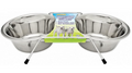 Stainless steel double dog bowl set with packaging on a white background