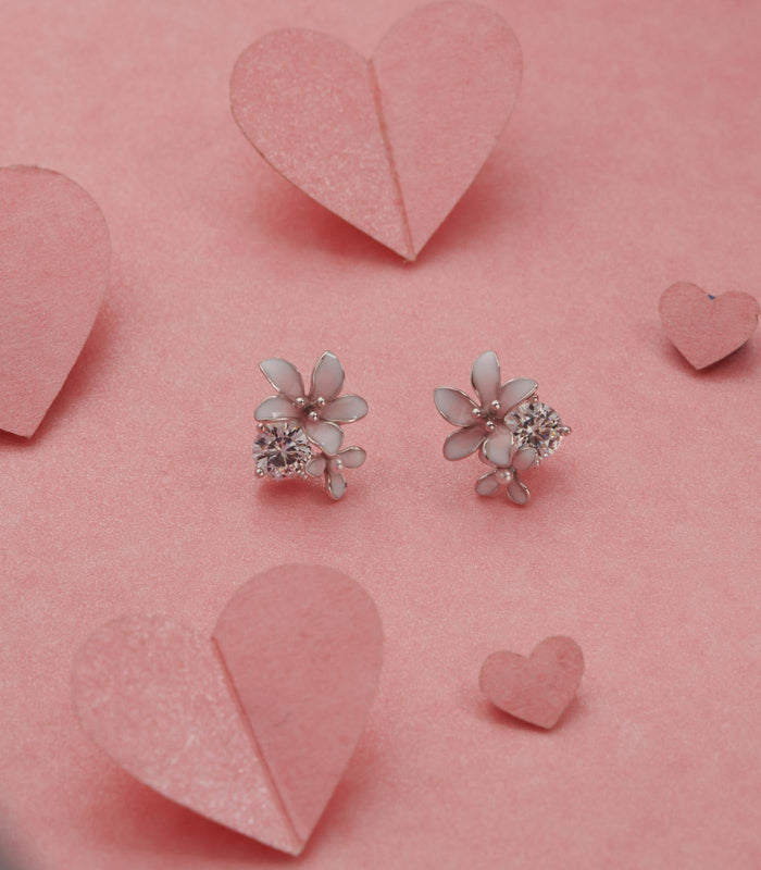 Stone And Flower Earrings (Silver)