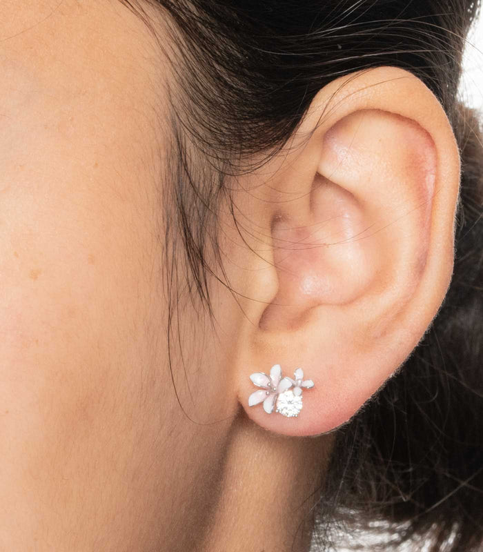 Stone And Flower Earrings (Silver)