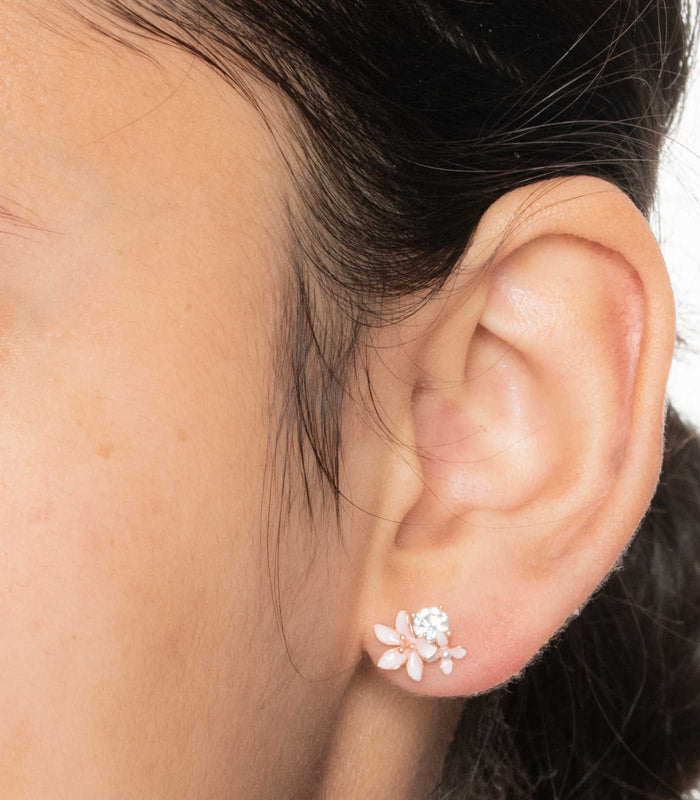 Stone And Flower Rose Gold Earrings (Silver)