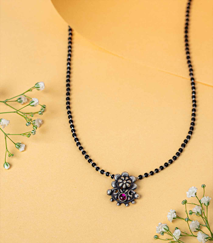 Traditional Floral Stone Antique Mangalsutra (Silver)
