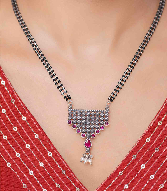 Traditional Stone & Pearl Antique Mangalsutra (Silver)