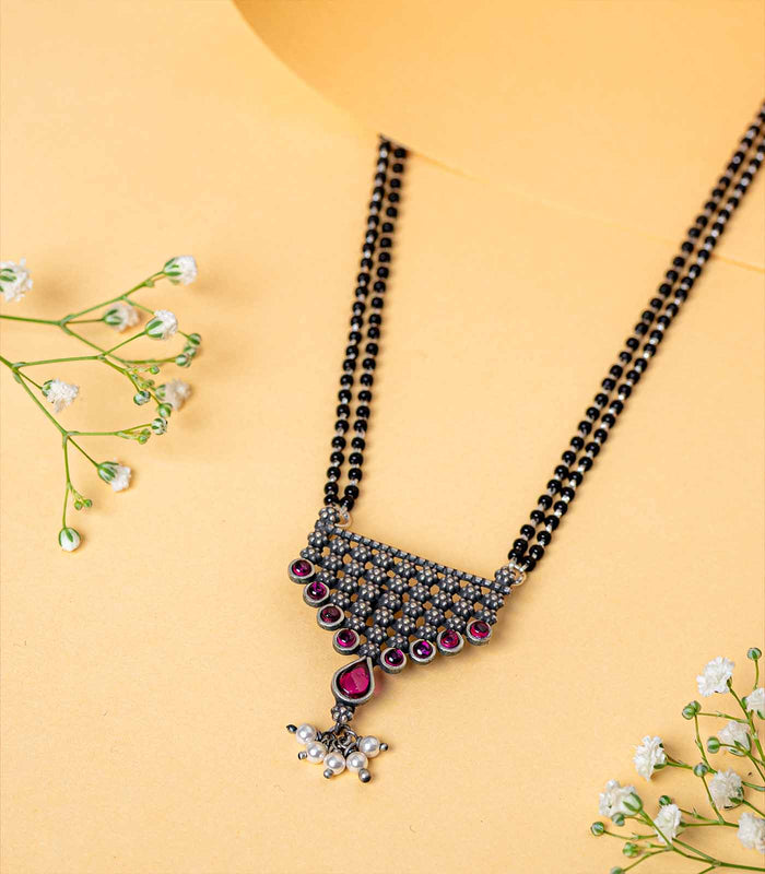 Traditional Stone & Pearl Antique Mangalsutra (Silver)