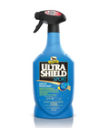 Blue spray bottle labeled 'Ultra Shield Sport' on a white background