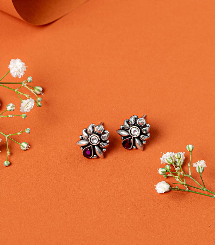 Violet Stone Floral Bliss Oxidized Tops (Silver)