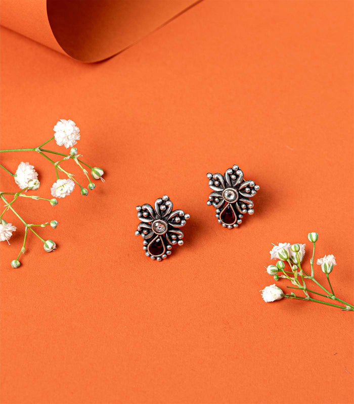 Violet Stone Floral Charm Oxidized Tops (Silver)