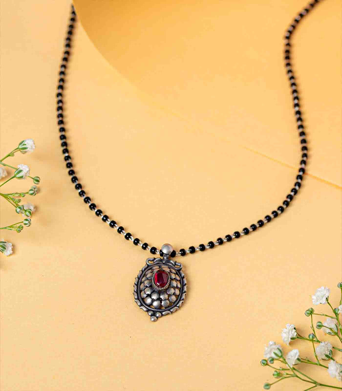 Violet Stone Traditional Oval Shaped Antique Mangalsutra (Silver)