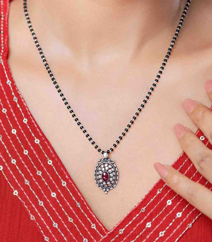 Violet Stone Traditional Oval Shaped Antique Mangalsutra (Silver)