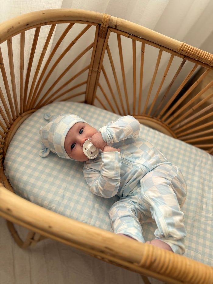 Waterproof Bassinet Fitted Sheet - Blue Gingham