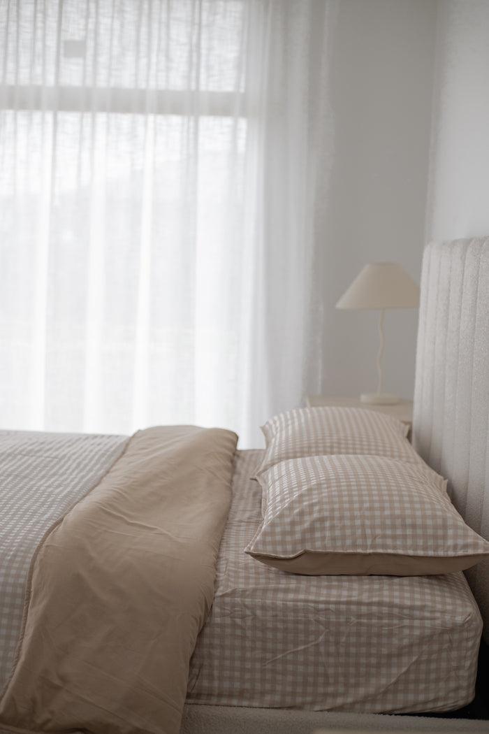Waterproof Double Fitted Sheet - Beige Gingham