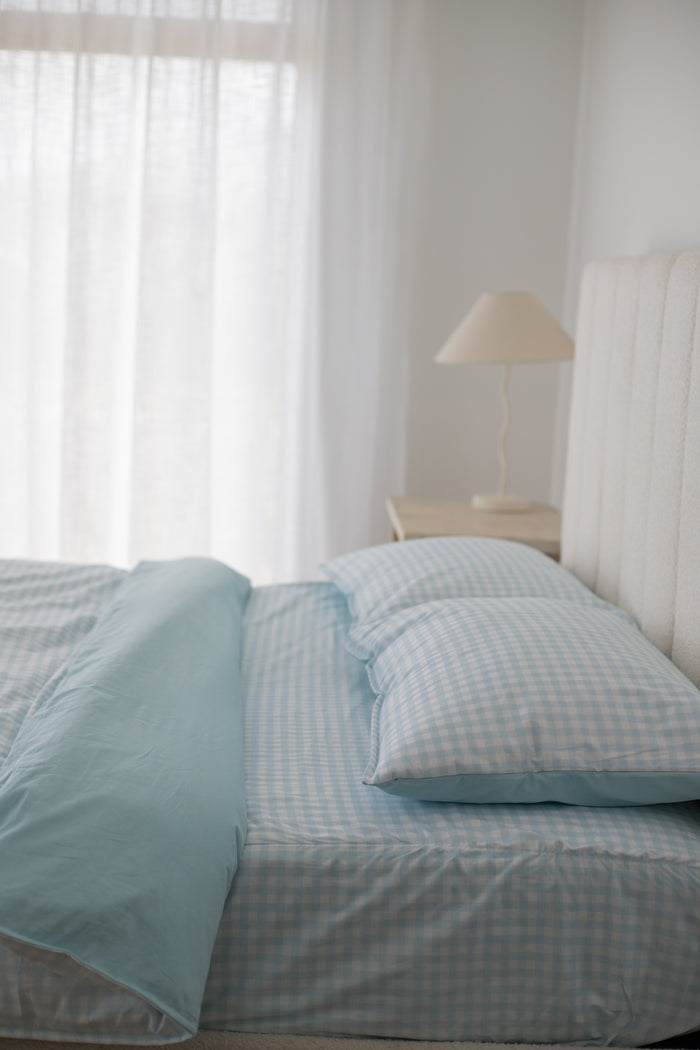 Waterproof Double Fitted Sheet - Blue Gingham