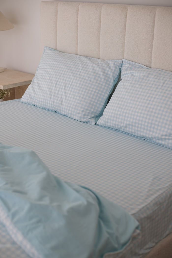 Waterproof Double Fitted Sheet - Blue Gingham