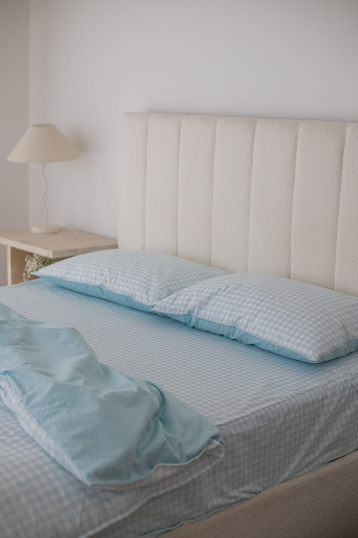 Waterproof Double Fitted Sheet - Blue Gingham