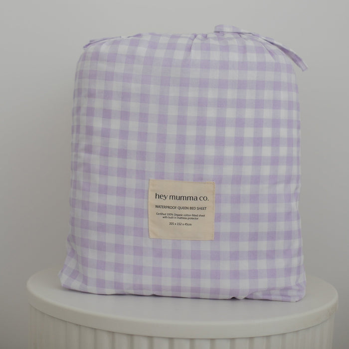 Waterproof Double Fitted Sheet - Lilac Gingham