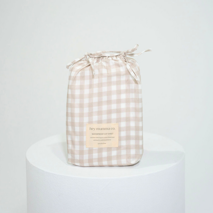 Waterproof Fitted Cot Sheet - Beige Gingham