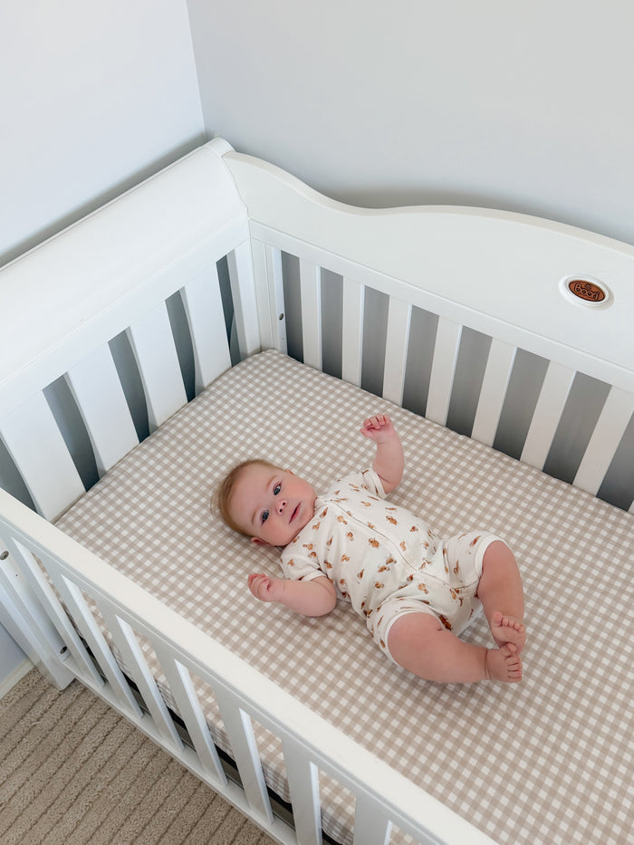 Waterproof Fitted Cot Sheet - Beige Gingham