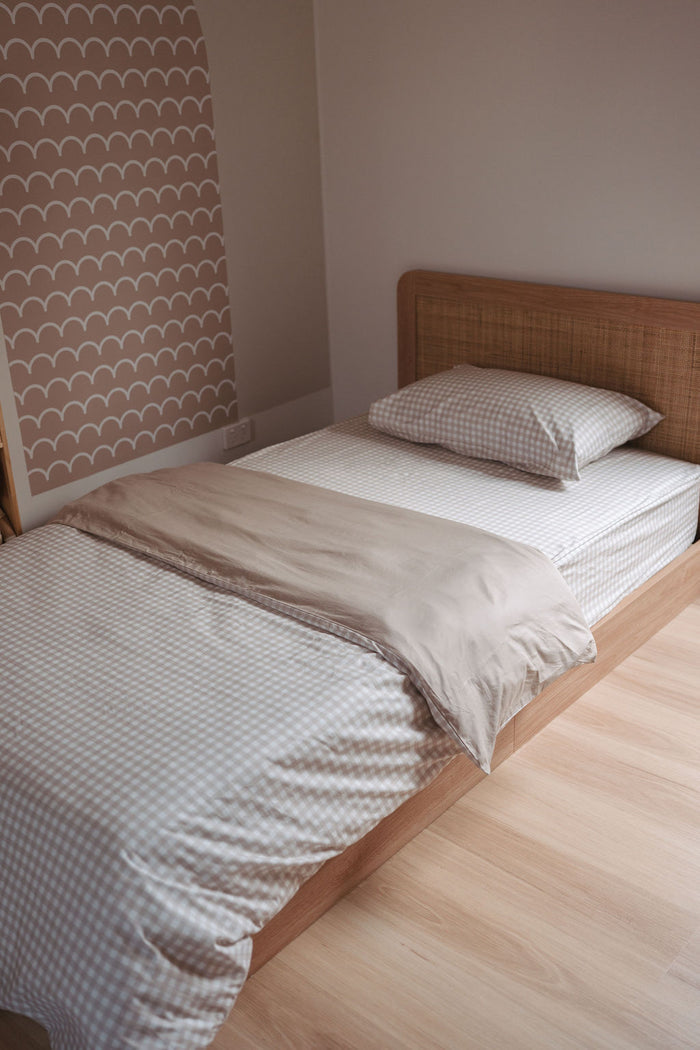Waterproof King Single Fitted Sheet - Beige Gingham