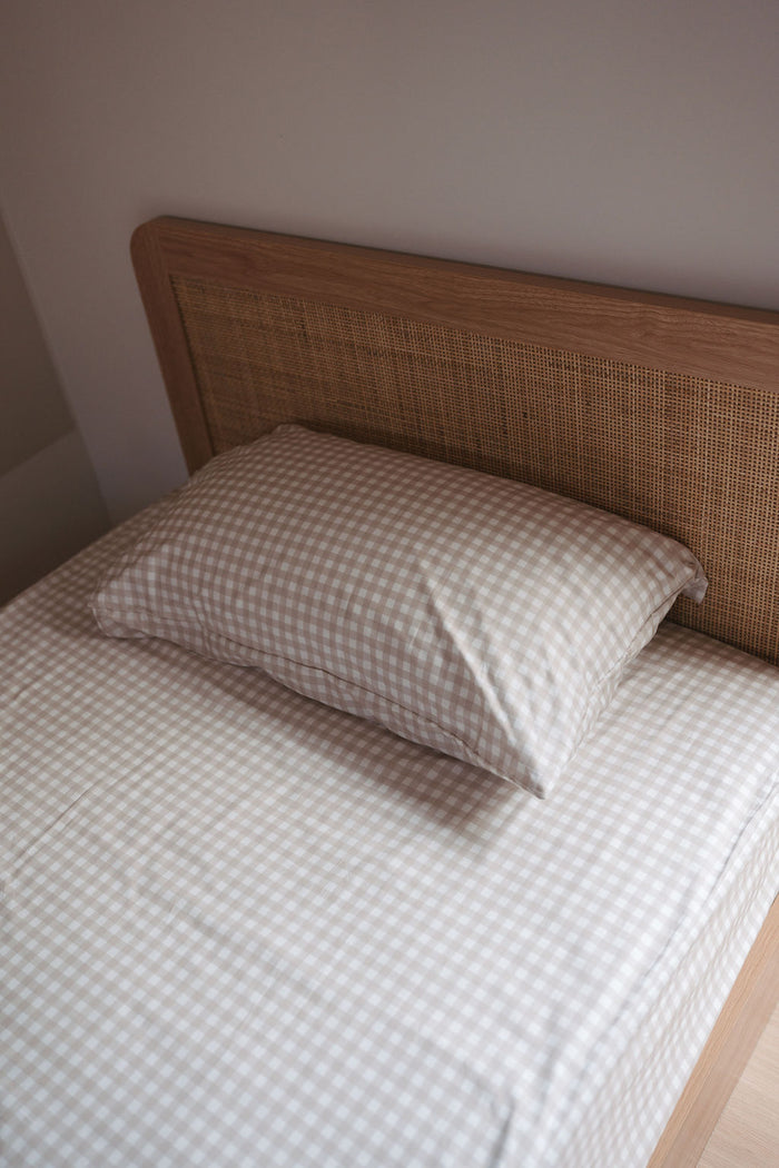 Waterproof King Single Fitted Sheet - Beige Gingham