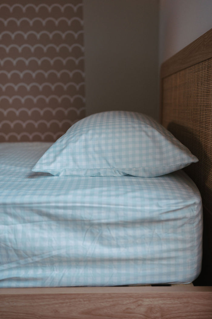 Waterproof King Single Fitted Sheet - Blue Gingham