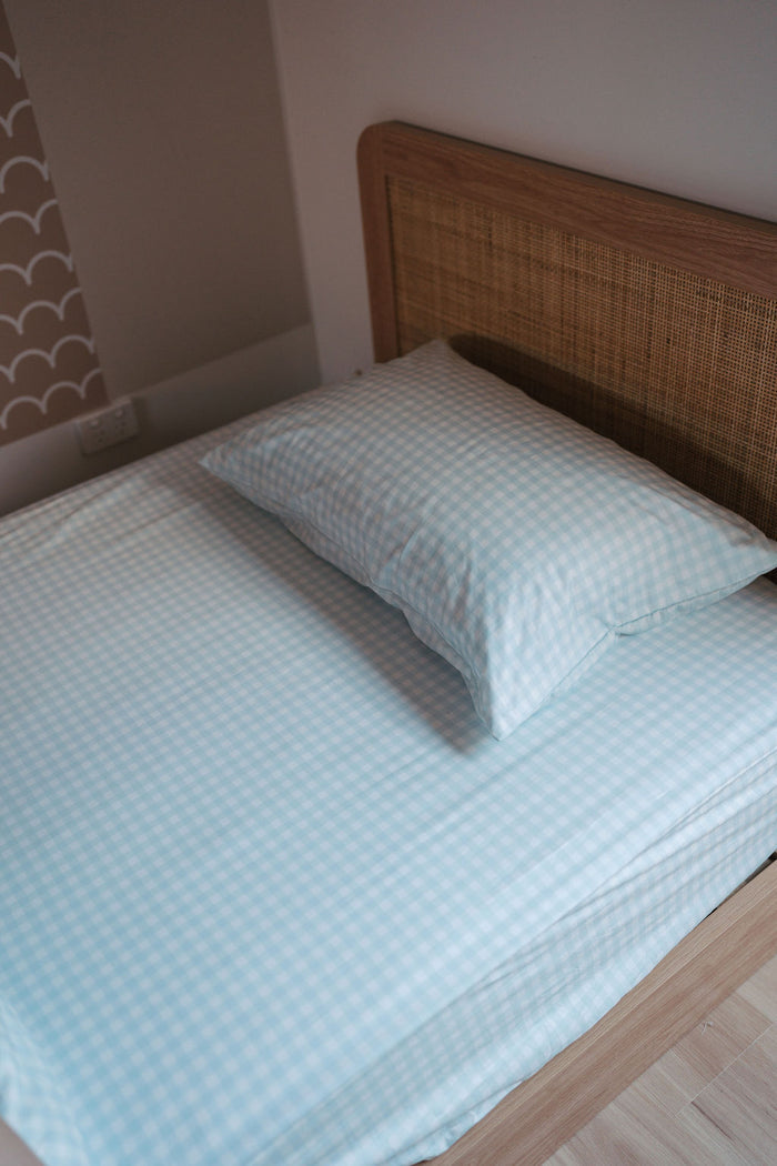 Waterproof King Single Fitted Sheet - Blue Gingham