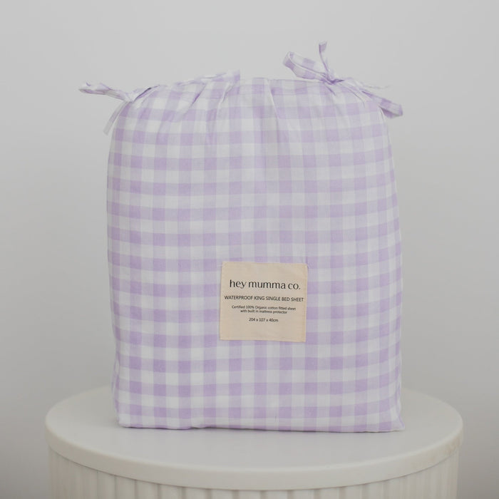 Waterproof King Single Fitted Sheet - Lilac Gingham