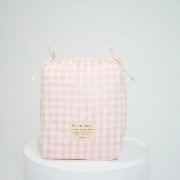 Waterproof King Single Fitted Sheet - Pink Gingham