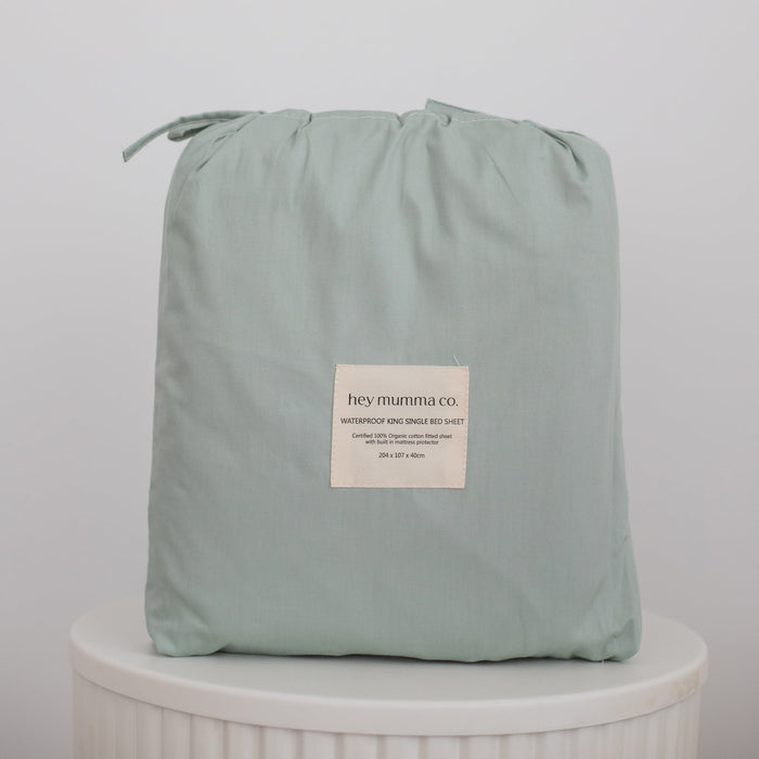 Waterproof King Single Fitted Sheet - Solid Sage