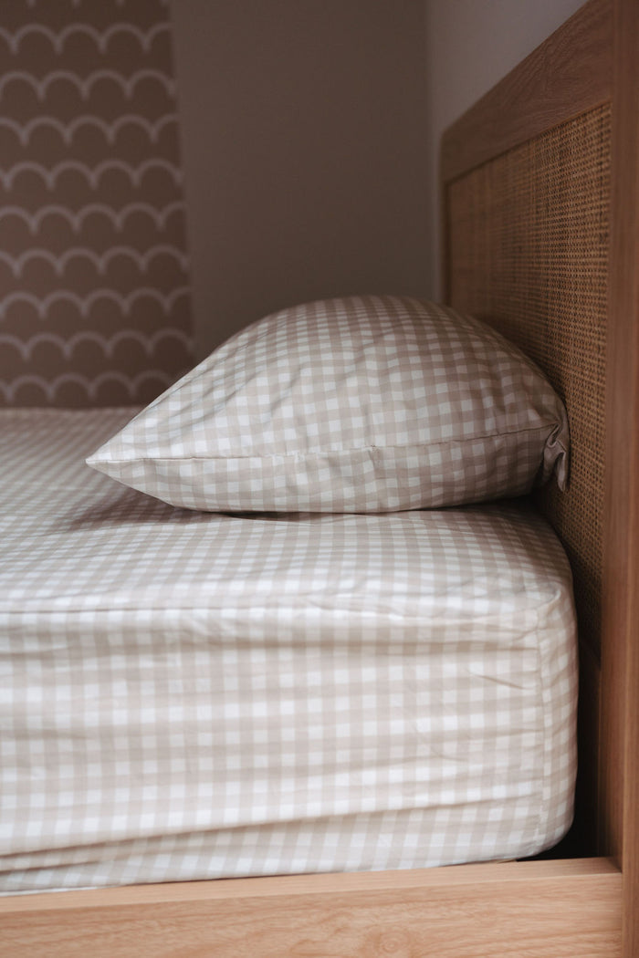 Waterproof Single Fitted Sheet - Beige Gingham