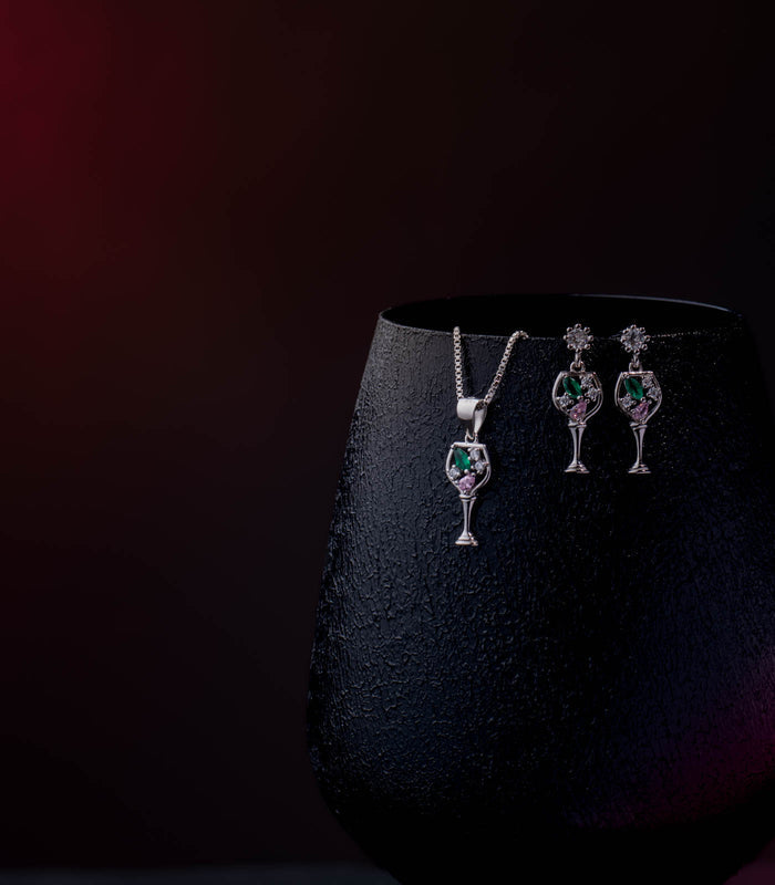 Wine Glass Necklace Set (Silver)